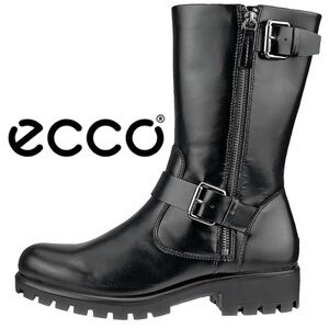 NWOB $259 ECCO Tray Tech Black Leather Biker Style Boots